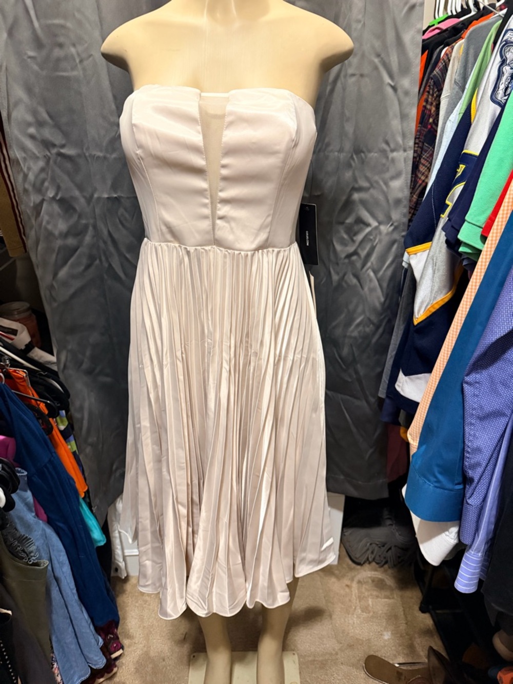Lulu's Blush Strapless Pleated Midi Dress with Sheer V-Panel